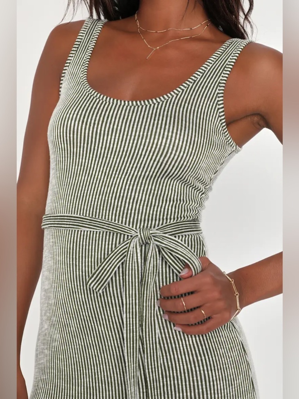 Lulus Summer Perfection Olive and Ivory Striped Ribbed Midi Dress - Picture 3 of 9